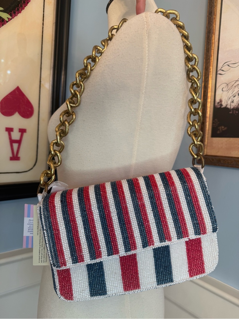 Viral Beaded Bag! NWT Made in India Red White Blue Stripes Chain Shoulder Bag - Picture 2 of 11